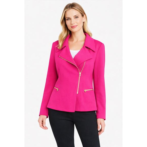 Calvin Klein Jackets & Blazers - Calvin Klein Moto Ponte Blazer Jacket Hot Pink Gold Zip Stretch Women 2X